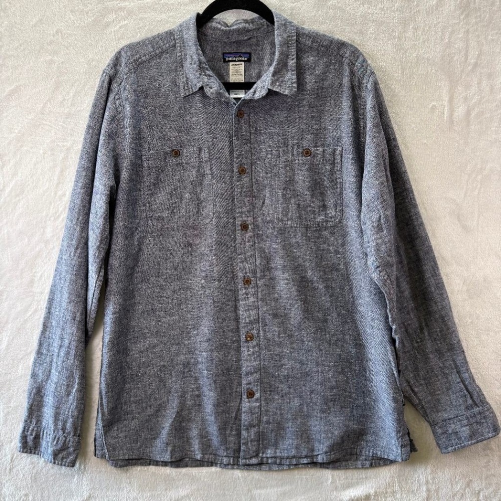 Patagonia Mens L Hemp Organic Cotton Button Up Shirt Gray Chambray Long Sleeve